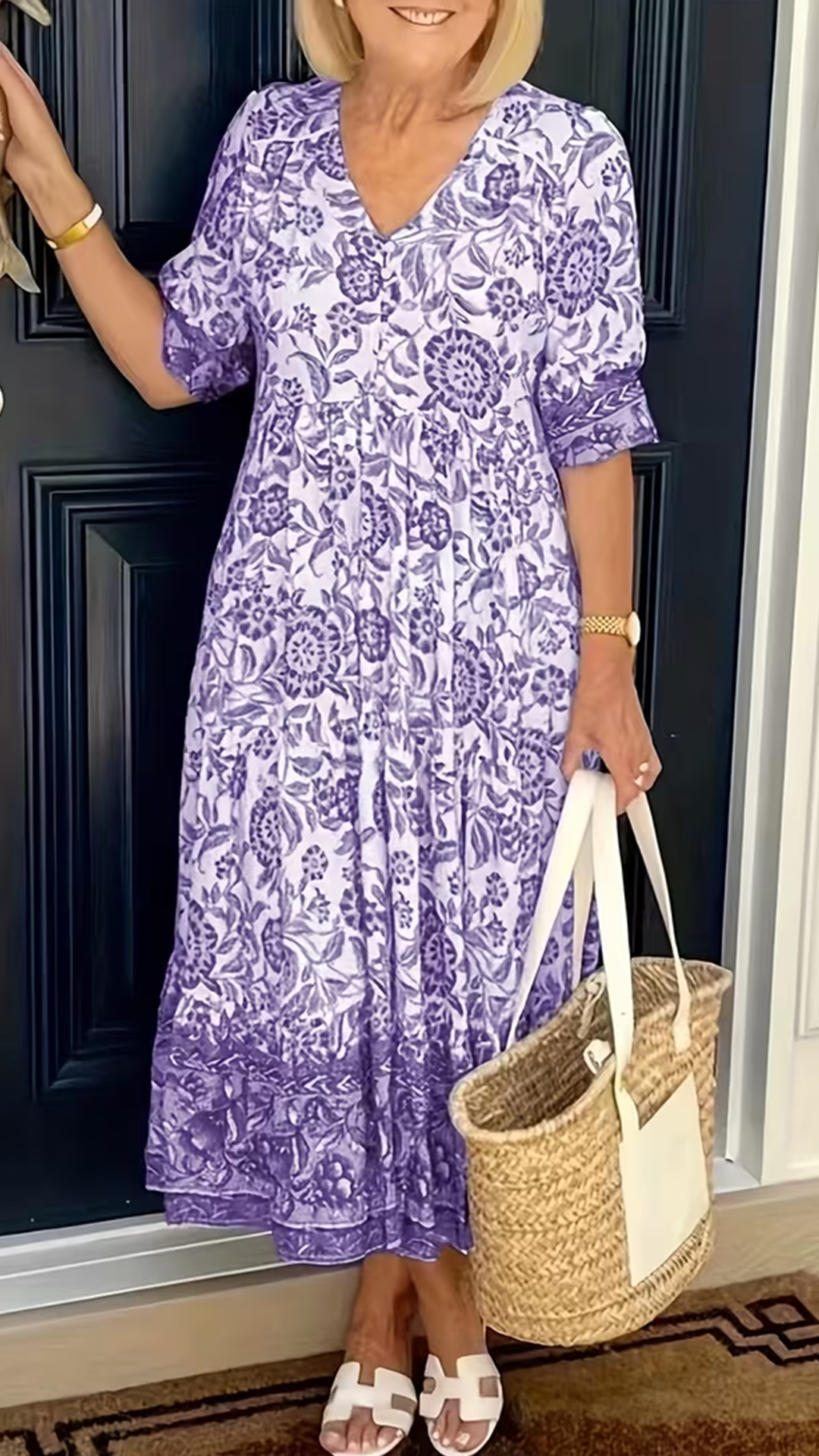 Women's Blue and White Porcelain Print V-Neck Loose Ruffled Midi Dress