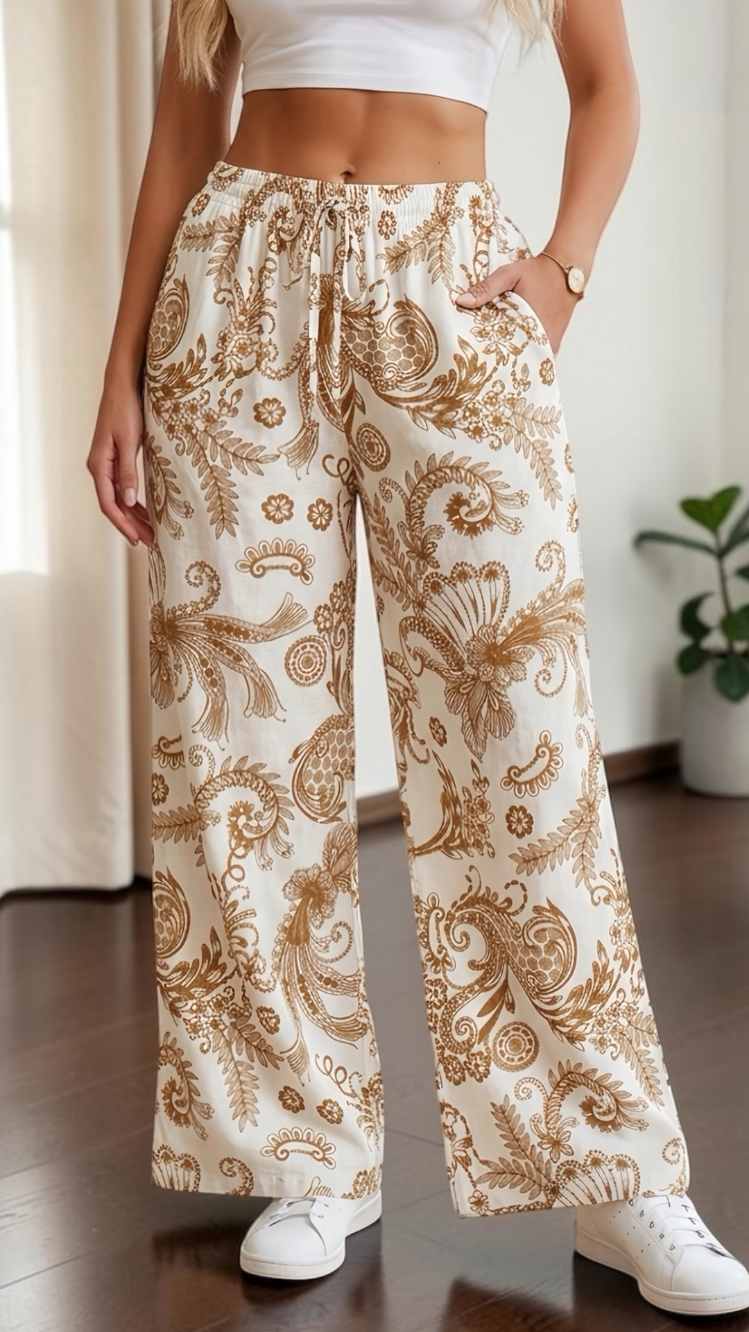 Women's  Elastic Waist Retro Print Loose Wide Leg Polyester Pants