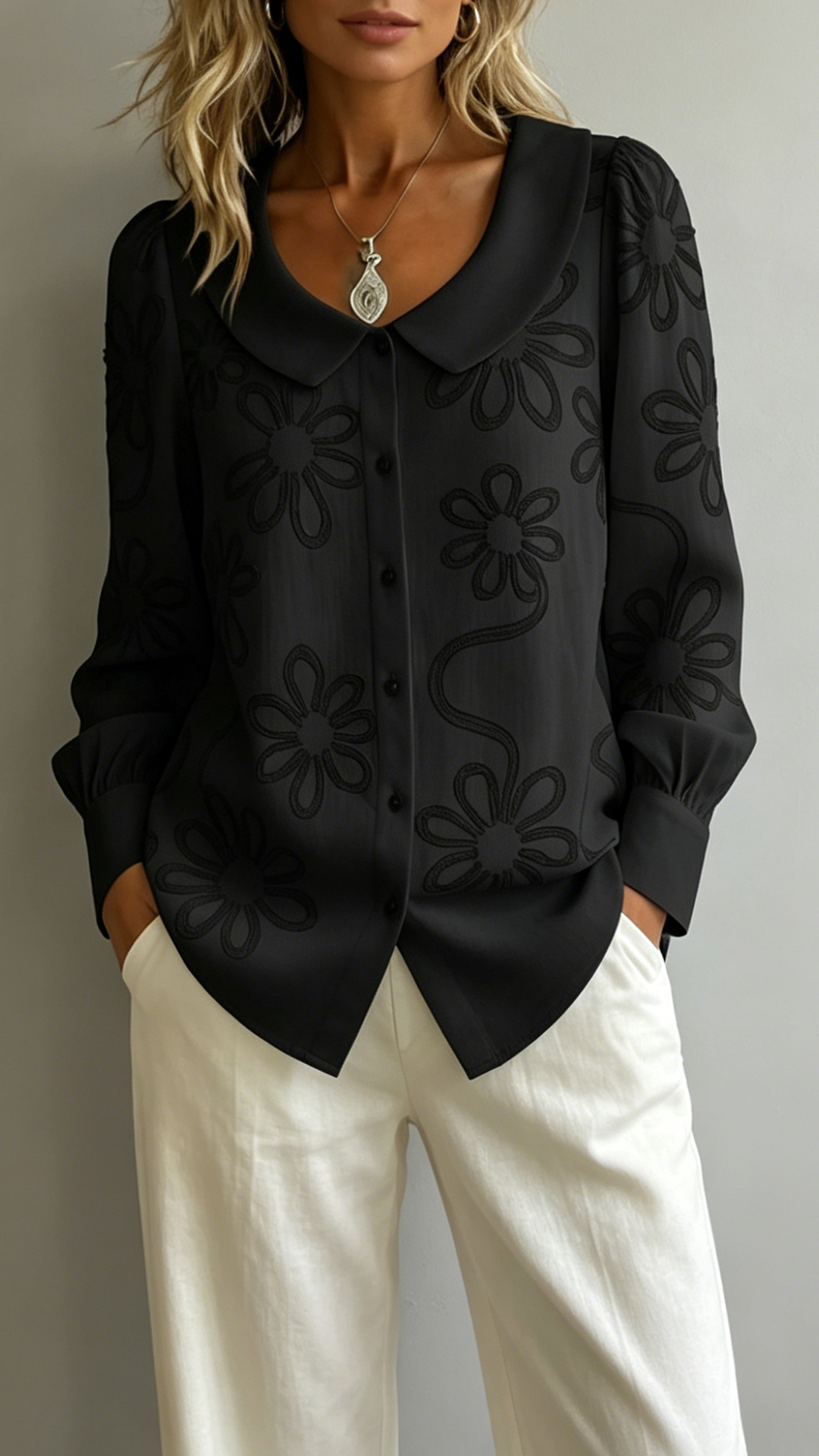 Women's Doll Collar Printed Polyester Blouse