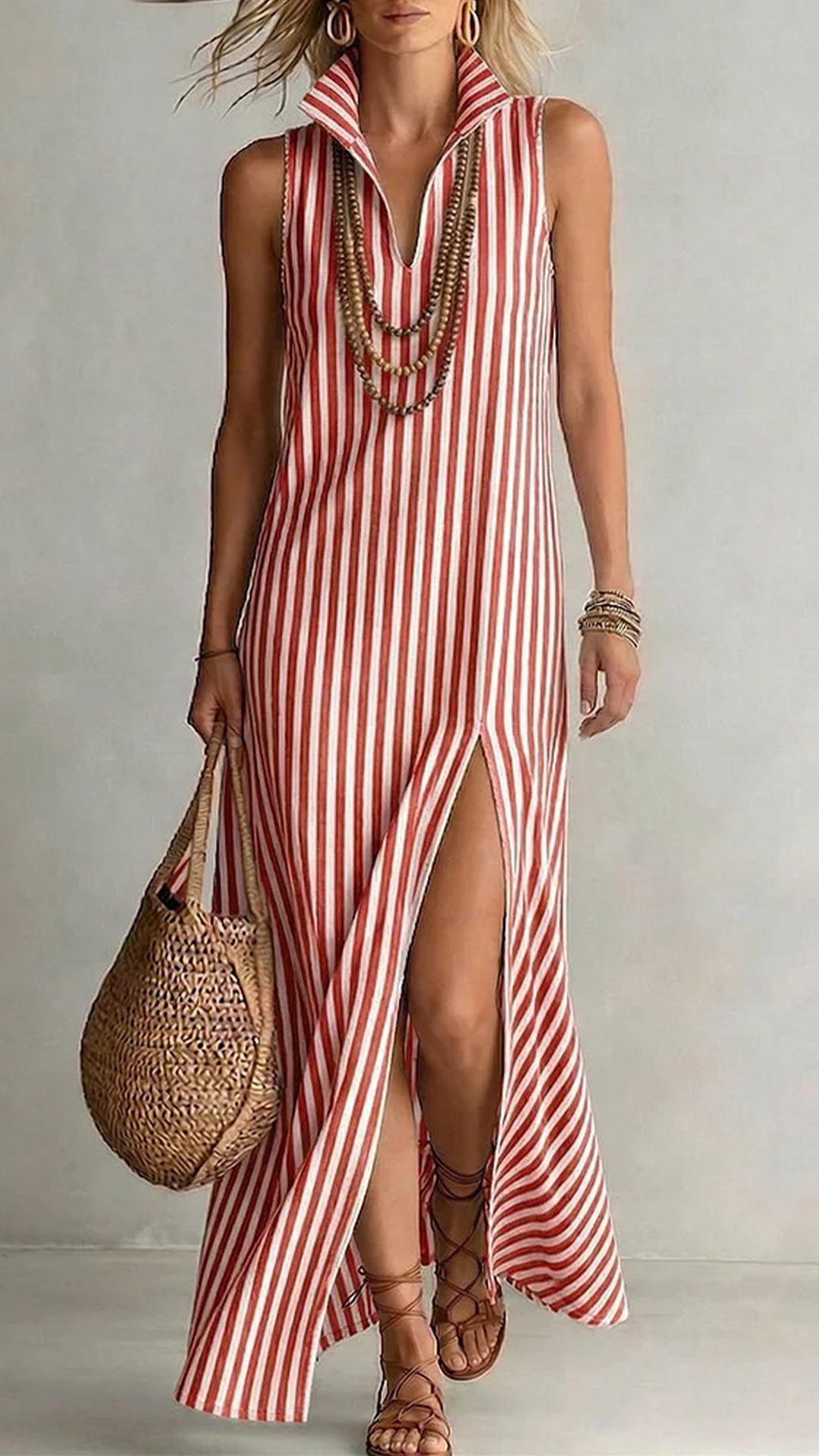 Women's Striped Sleeveless Shirt Collar Dress
