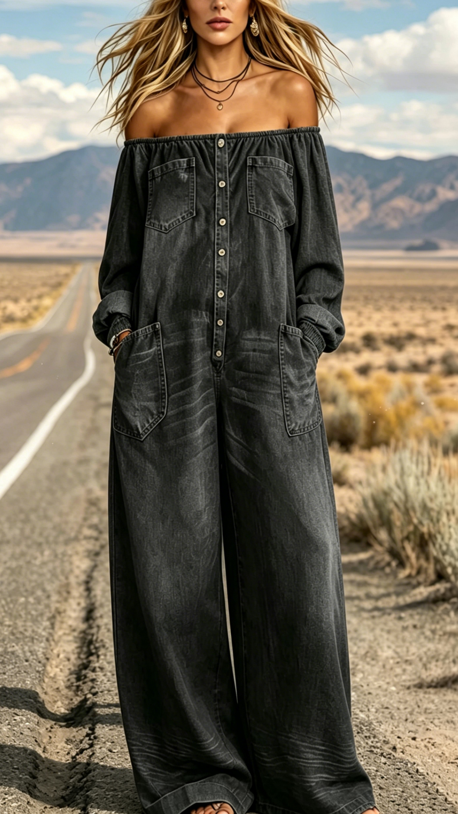 Women's Single-Breasted, Off-Shoulder, Washed Faux-Denim Jumpsuit