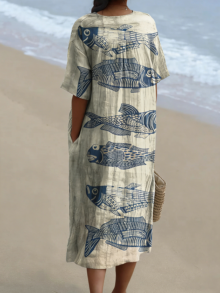 Women's Vintage Lovely Fish Art Print Flowy Dress