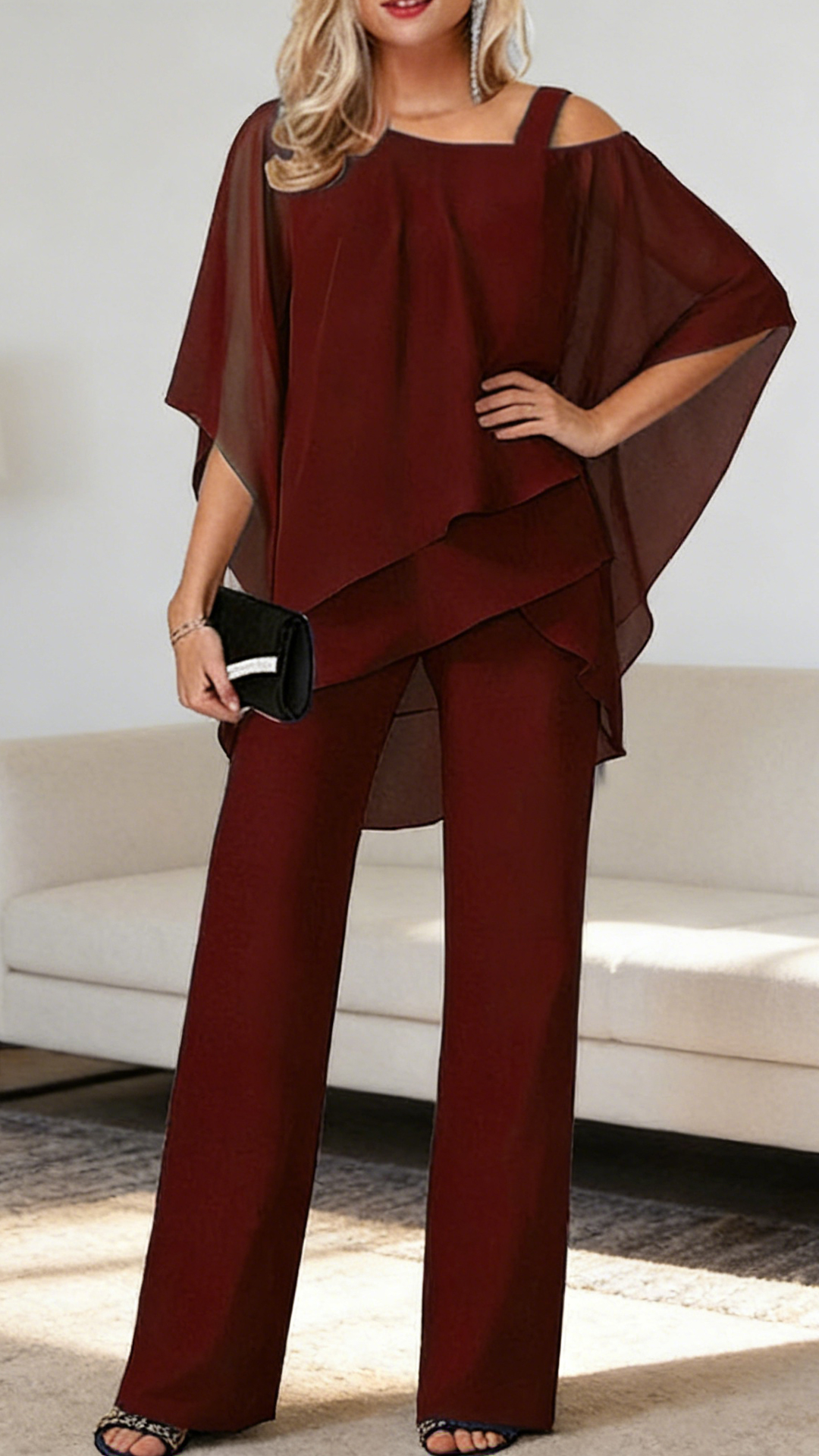 Elegant Layered Chiffon Top & Wide-Leg Pants Set