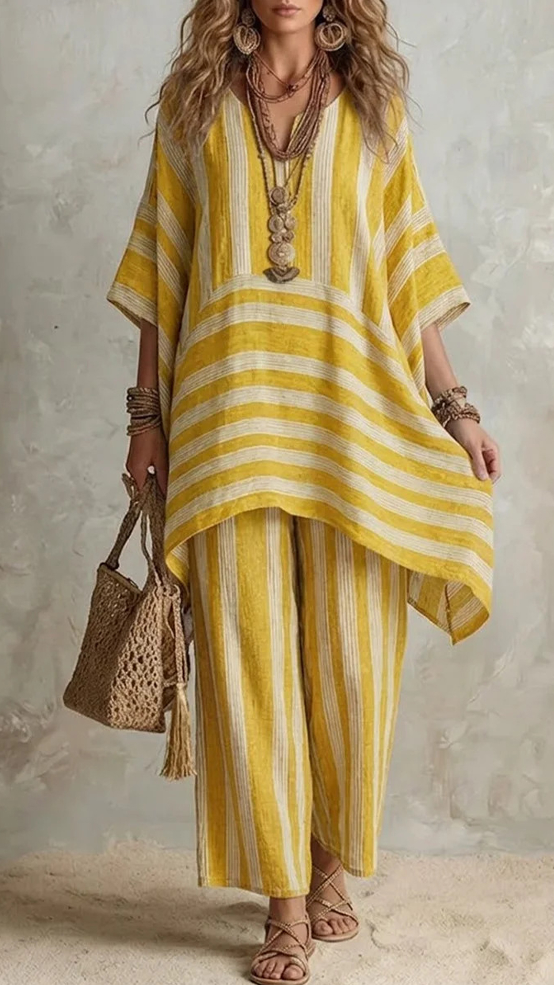 Casual Loose Striped Cotton And Linen Top And Pants Two-piece Set