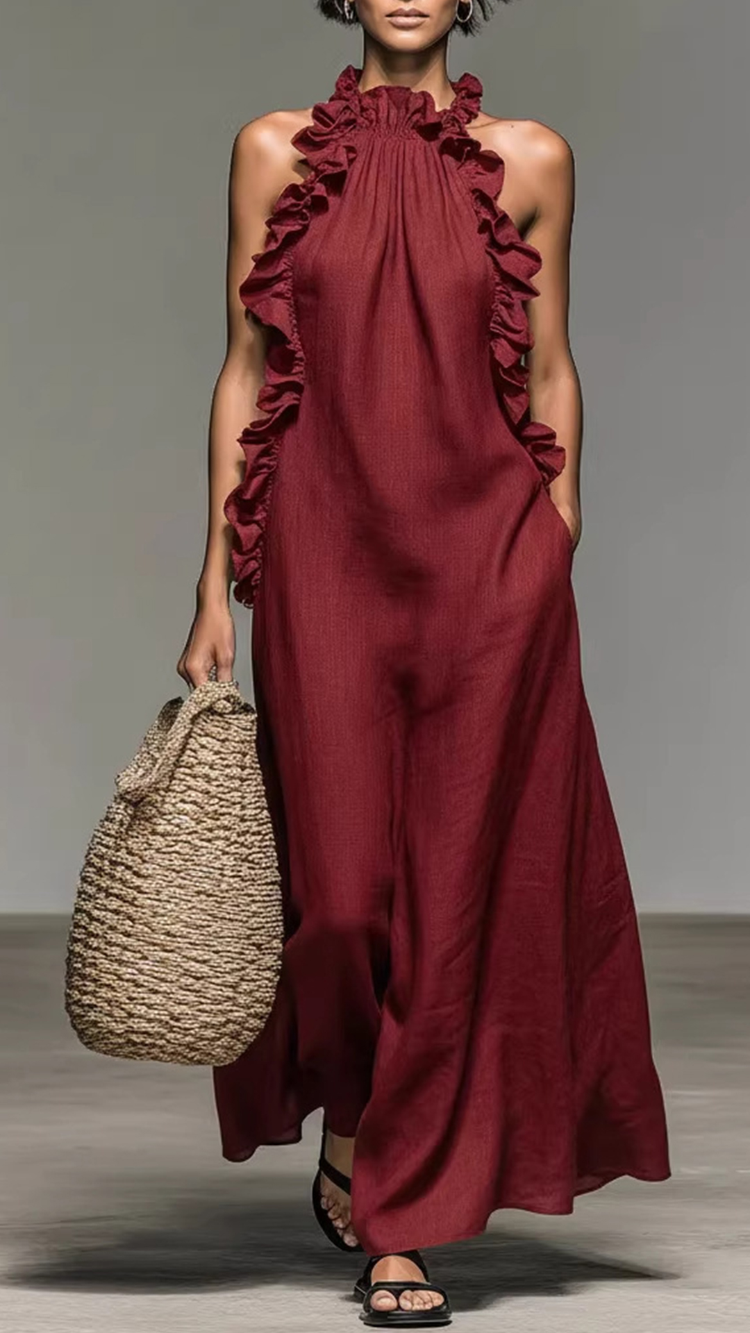 Women's Halter-Neck Ruffled Sleeveless Maxi Dress