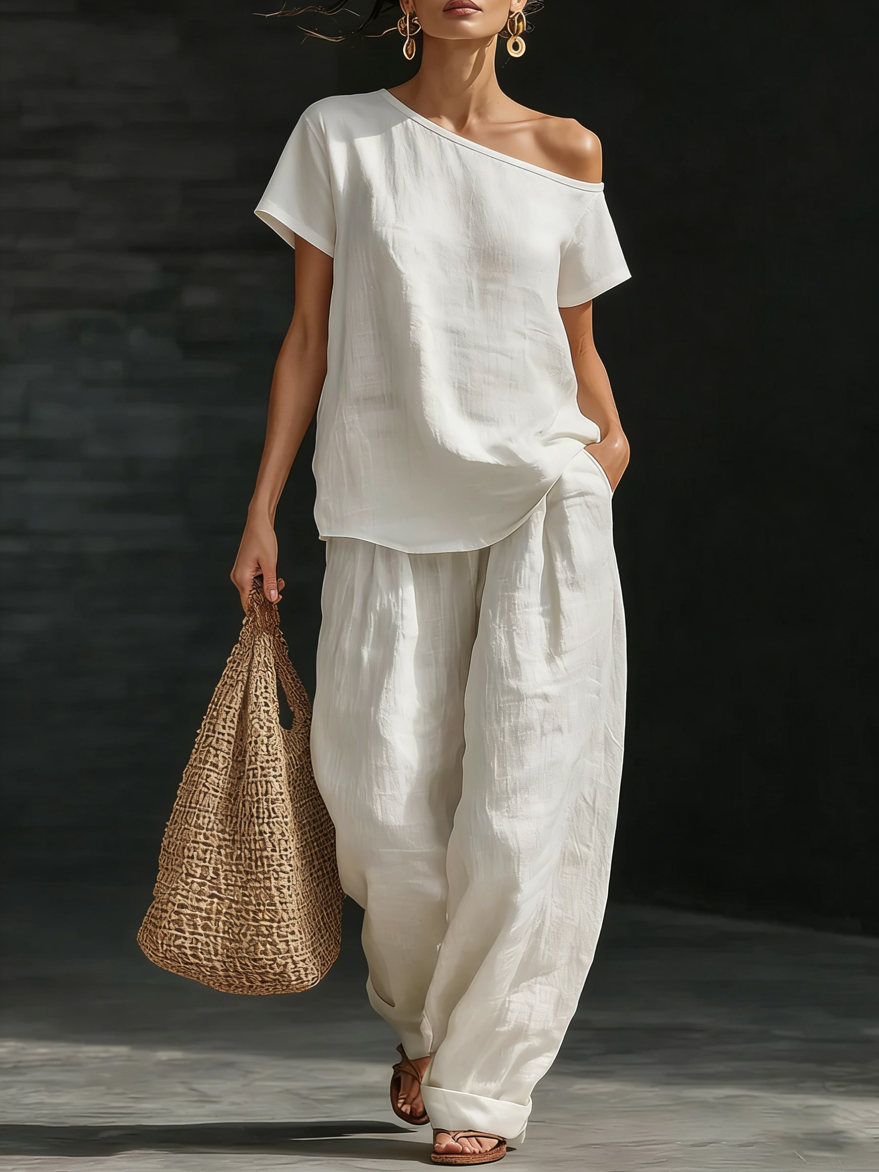 Women's Casual & Comfortable Minimalist-Style Two-Piece Set — Asymmetrical Shoulder Linen Outfit