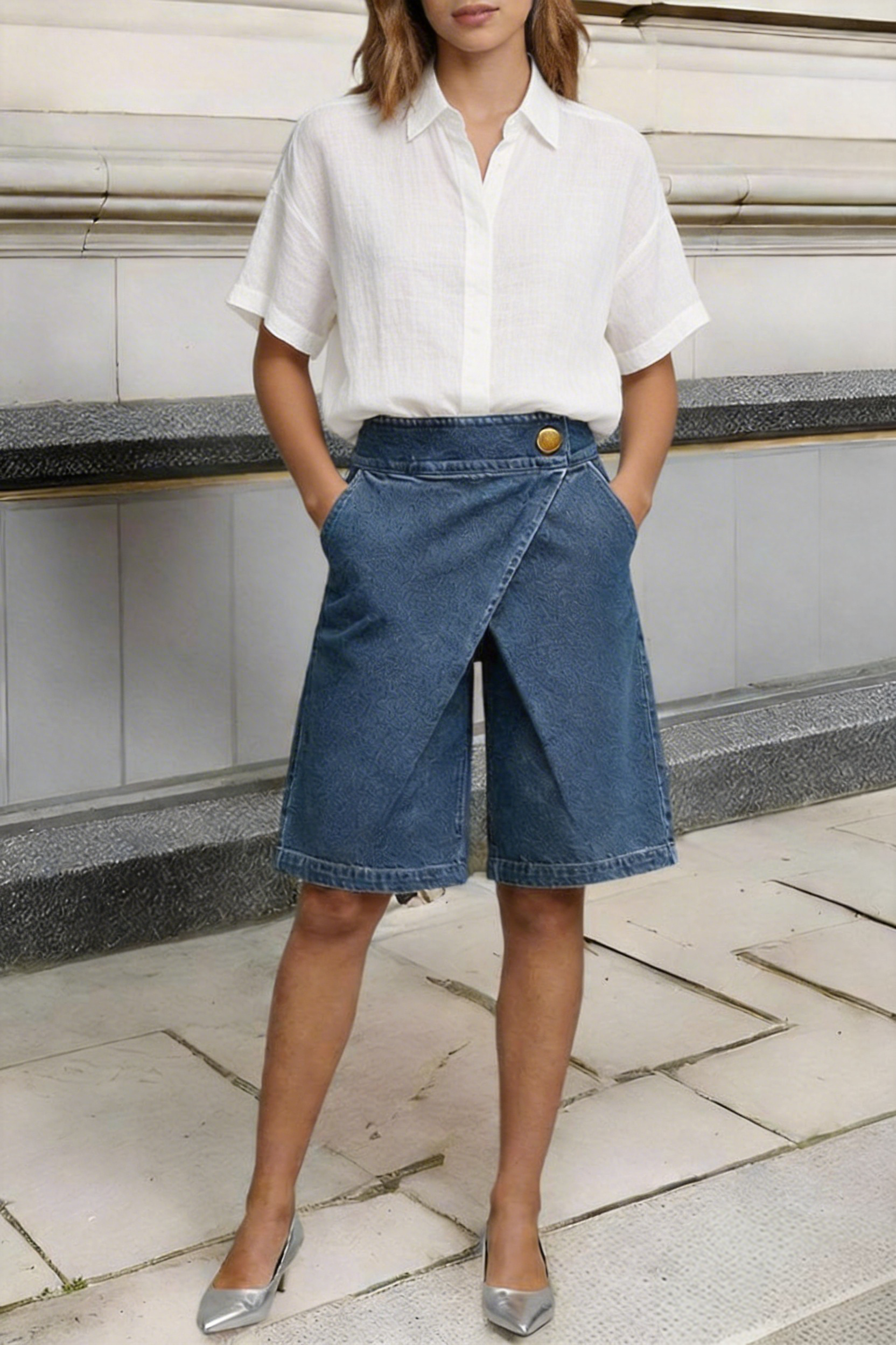 Women's Faux-Denim Asymmetrical Bermuda Shorts + Solid-Color Shirt