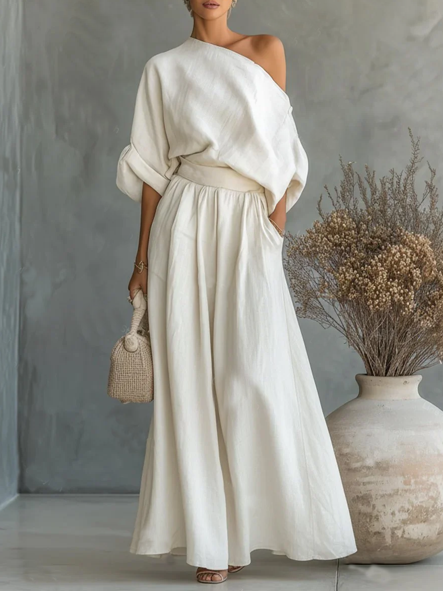 Women's Elegant Off-Shoulder Shirt and Wide-Leg Pants Two-Piece Set