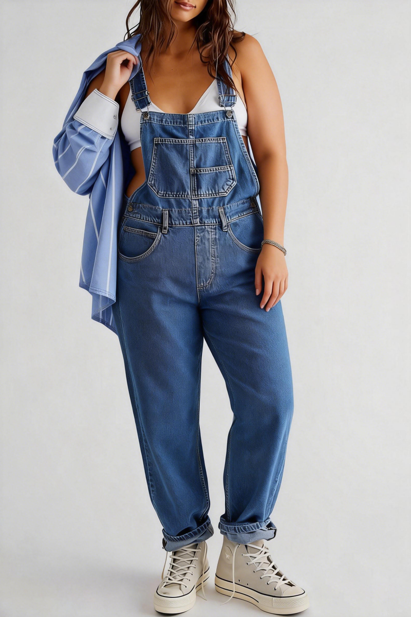 Women's casual washed loose denim overalls women's denim dungarees jumpsuit