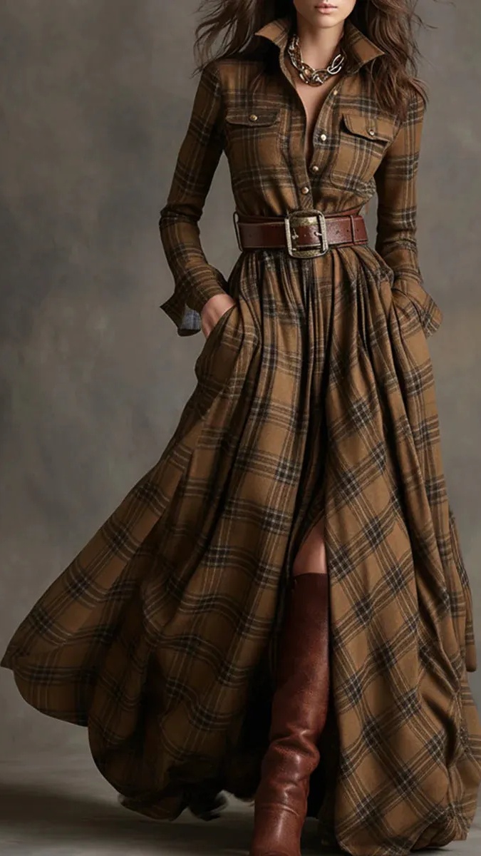 Women's Vintage Plaid Long Dress with Lapel Collar+Belt