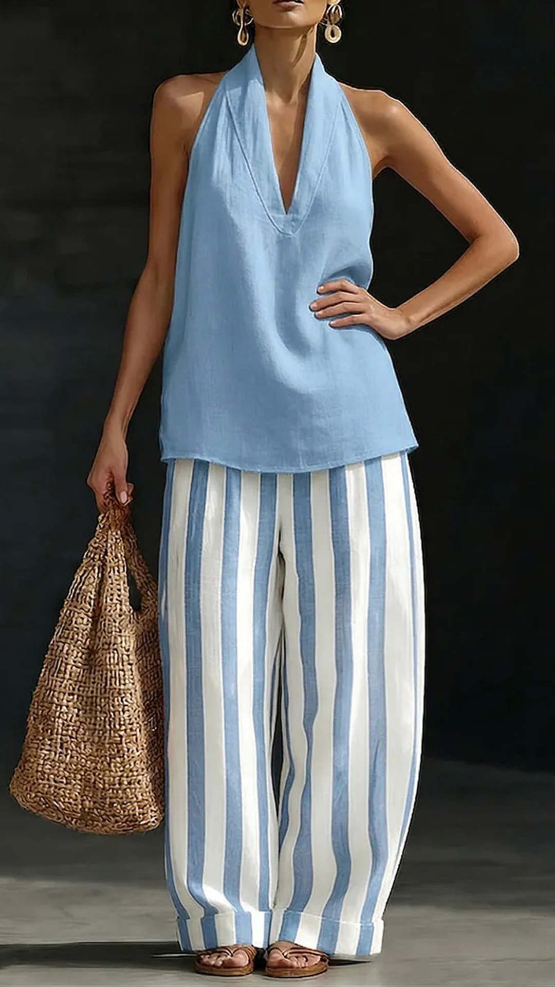 Women's Cotton Linen Halter Stripe Wide-Leg Set