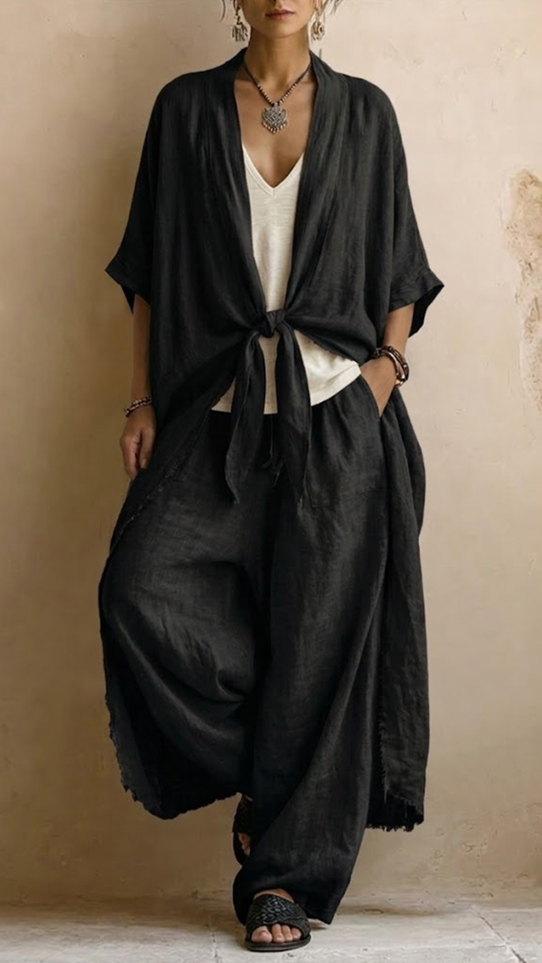 Vintage-effect Polyester Tie-front Cardigan & Wide-leg Pants Set