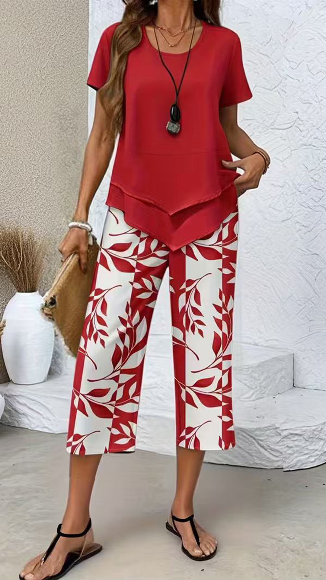 Women‘s Irregular Hem Printed Loose Short Sleeve Two-Piece Set