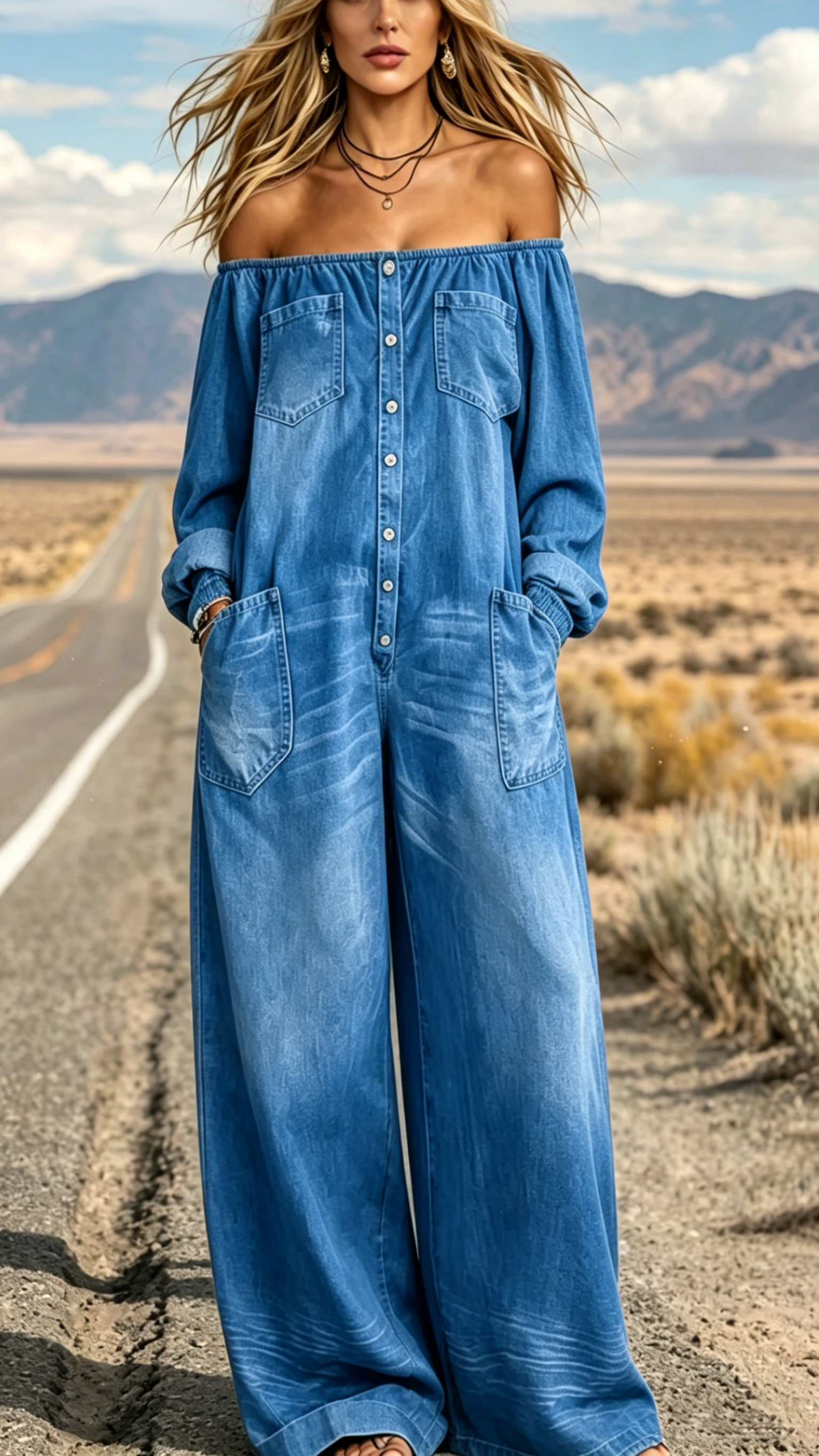 Women's Single-Breasted, Off-Shoulder, Washed Faux-Denim Jumpsuit