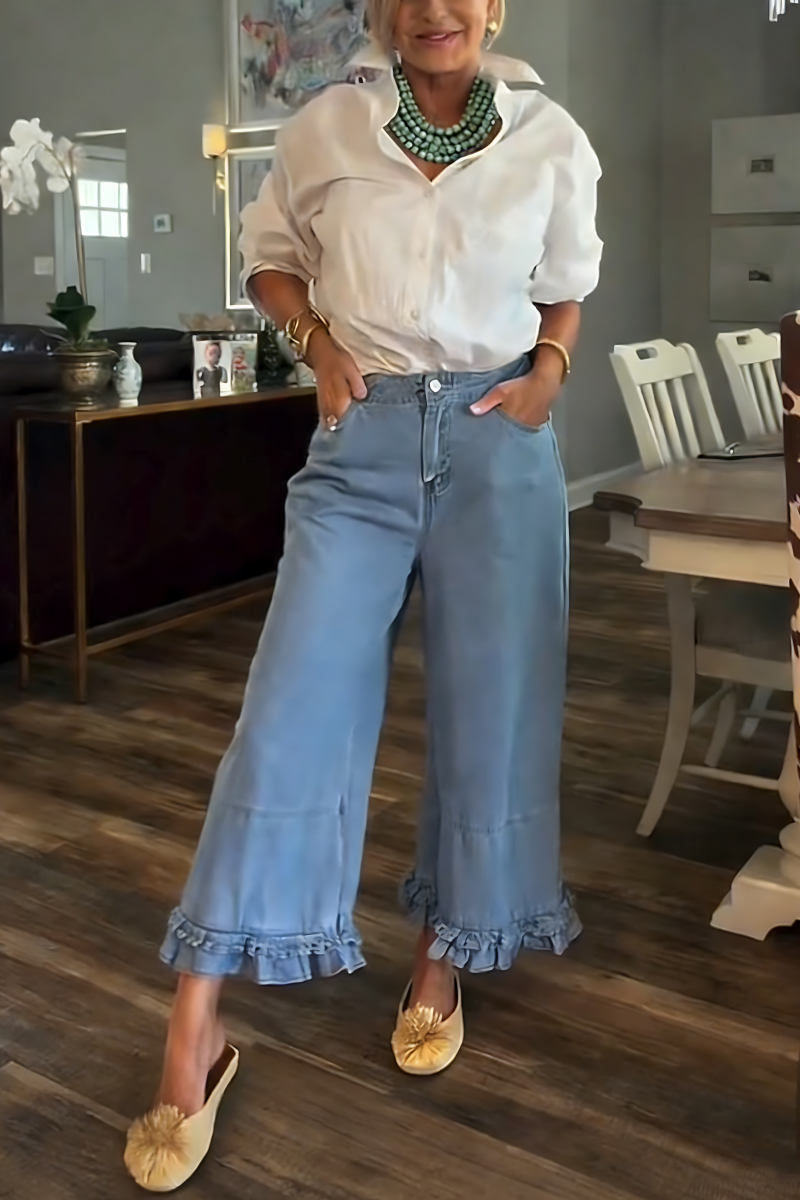 Women's fashionable casual wide-leg cropped jeans with ruffled hem