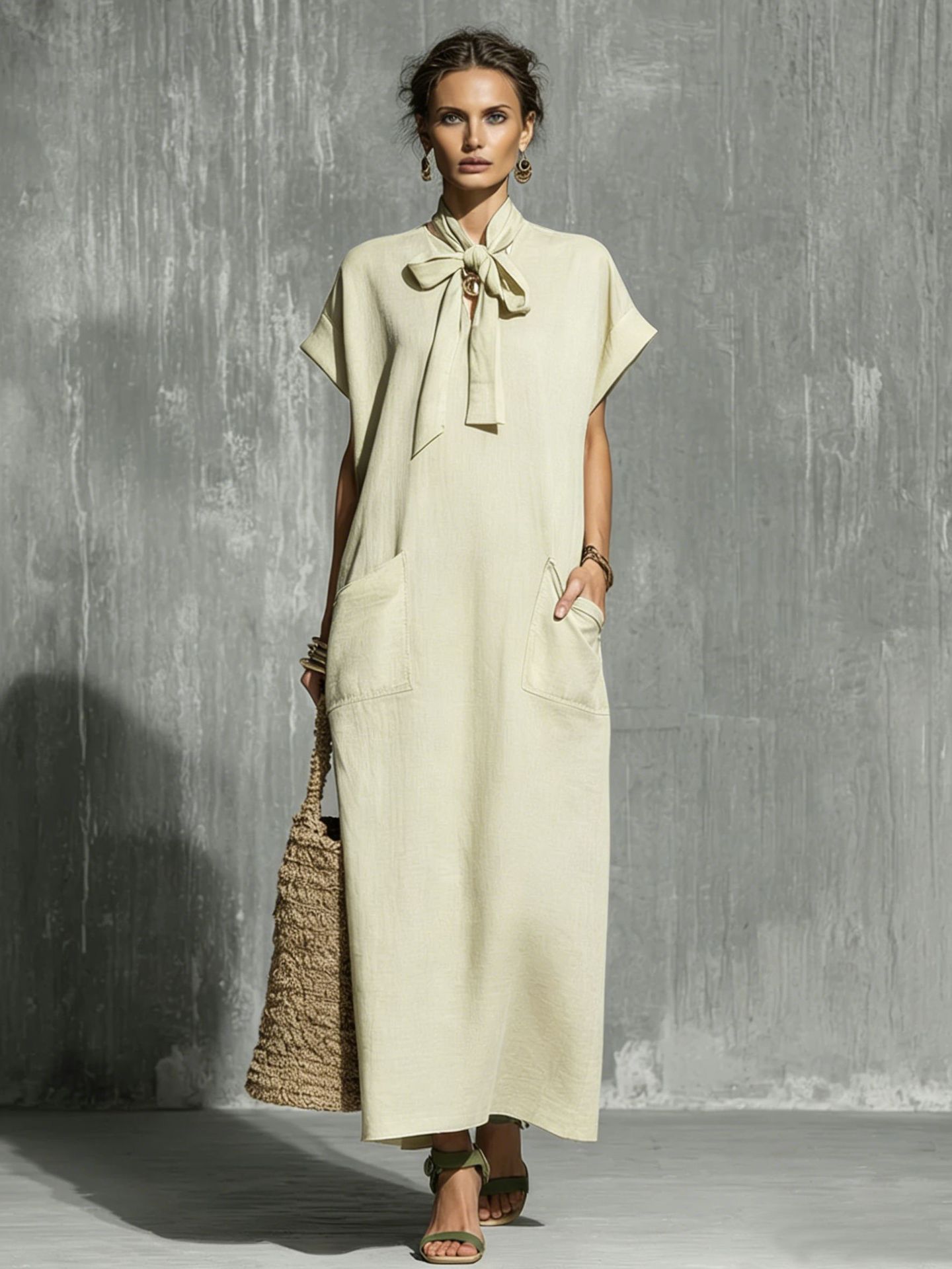 Women's Solid-color V-neck Short-sleeve Casual Loose Cotton-linen Dress