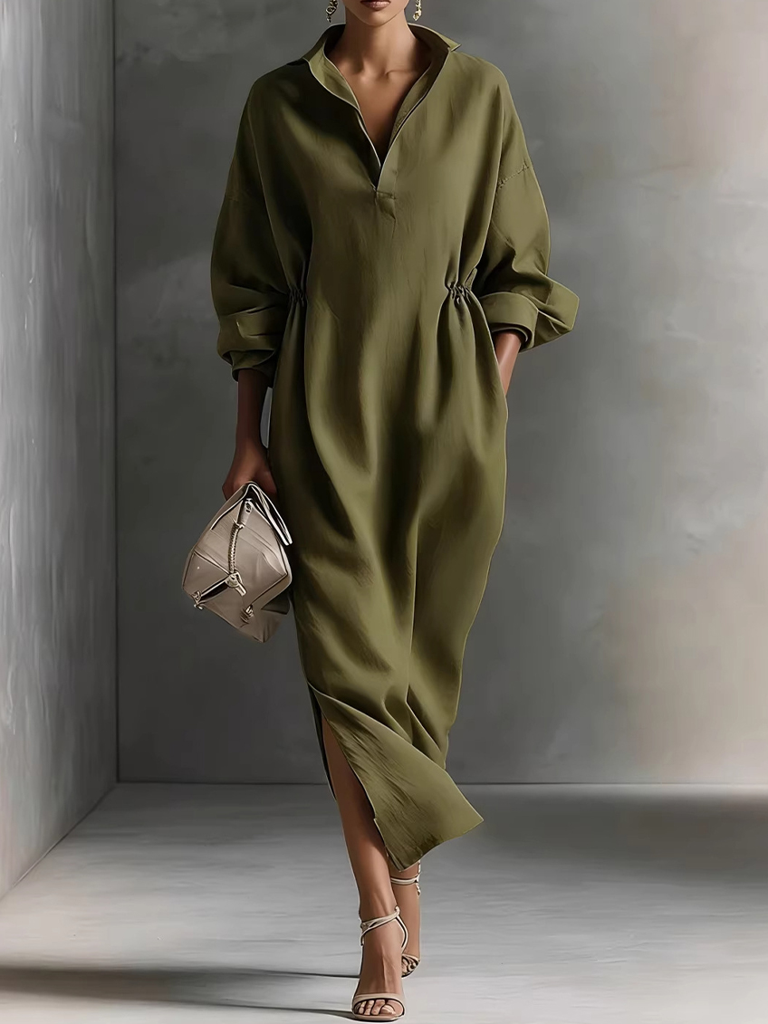 Women's Solid Color Lapel Long-sleeved Casual Loose Cotton Dress