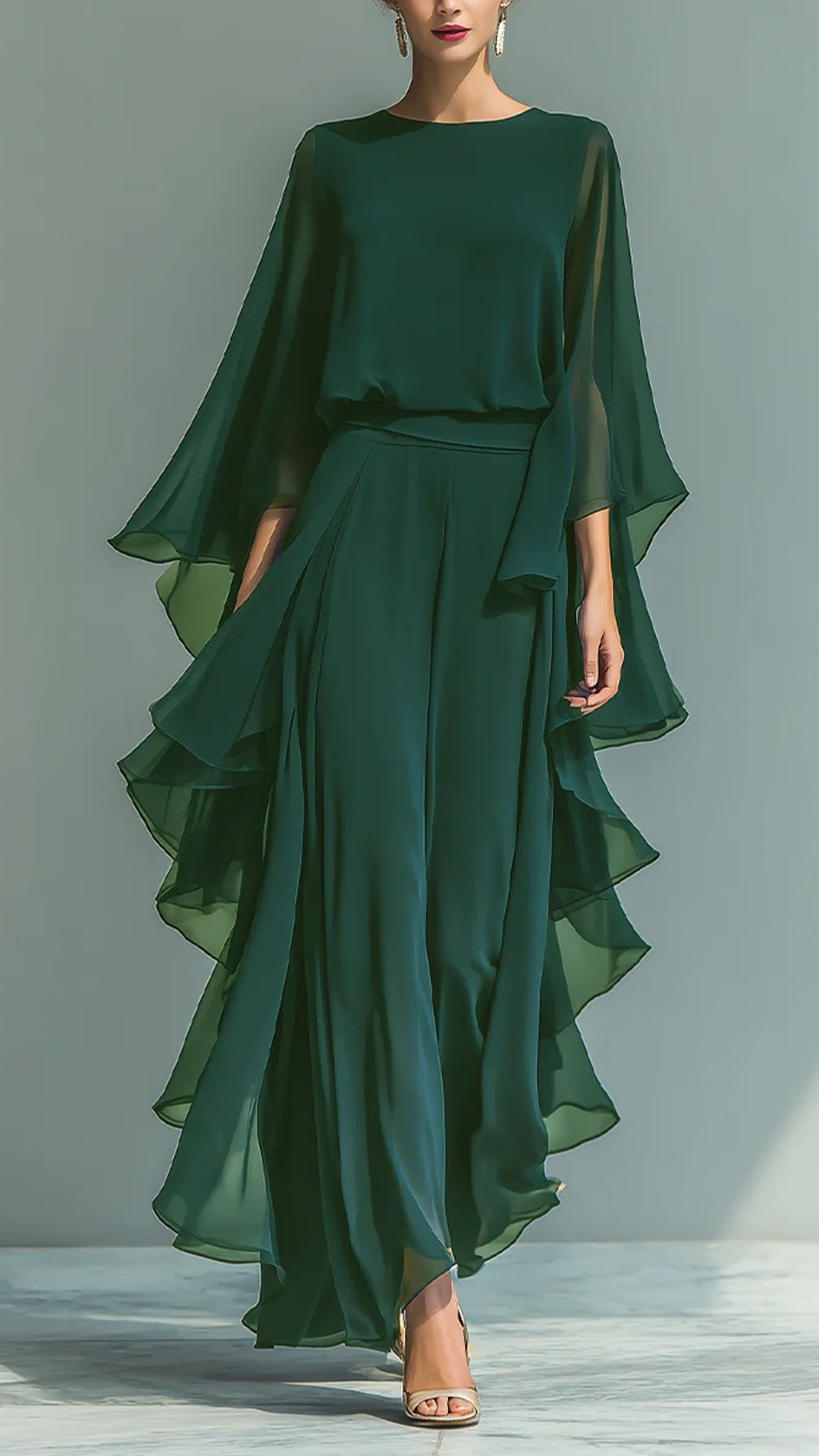 Chiffon Ruffled Bell Sleeve Straight Leg Trousers Set