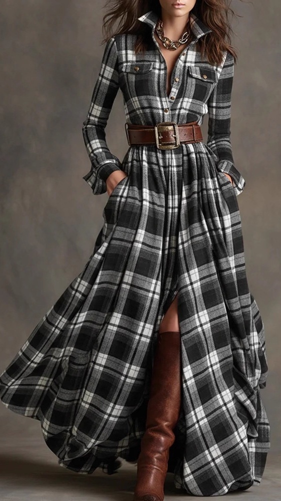 Women's Vintage Plaid Long Dress with Lapel Collar+Belt