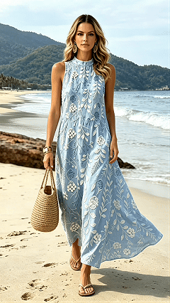 Women's Printed Stand-Collar Sleeveless Dress