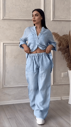 Women's Casual Cotton-Linen Solid-Color Shirt & Drawstring Wide-Leg Pants Two-Piece Set