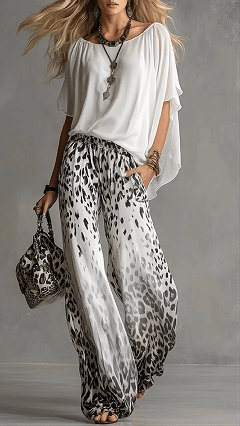 Women's Fashion Two-Piece Set: White T-Shirt & Leopard Print Chiffon Pants