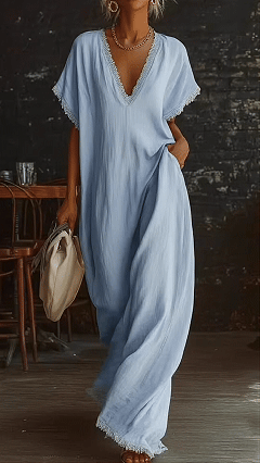 Women's Lace-Trimmed V-Neck Loose-Fit Dress