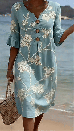 Women's Vacation-Style V-Neck Printed Loose-Fit Dress with Mid-Length Sleeves