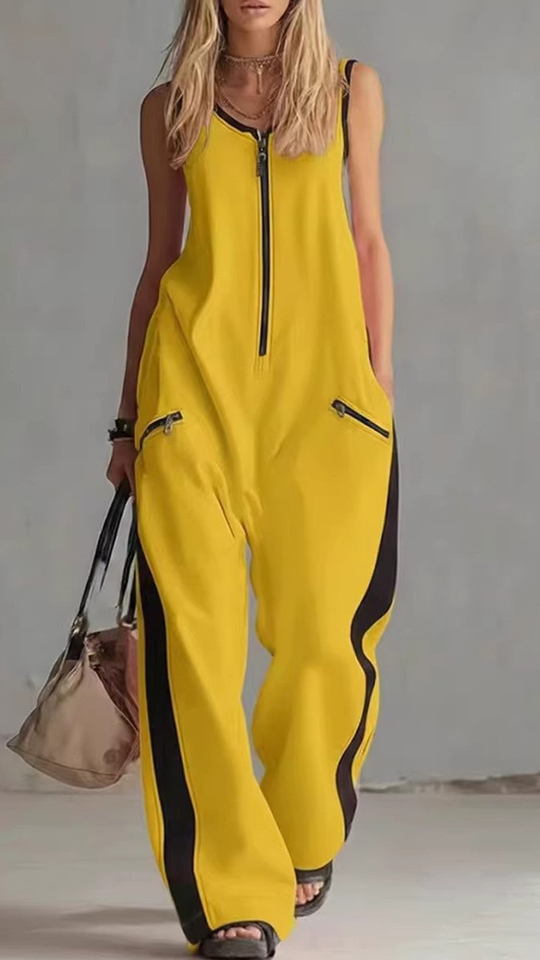 2026 Cross-Border European And American Summer New Amazon Independent Station Foreign Trade Zipper Round Neck Sleeveless Casual Cotton Wide Leg