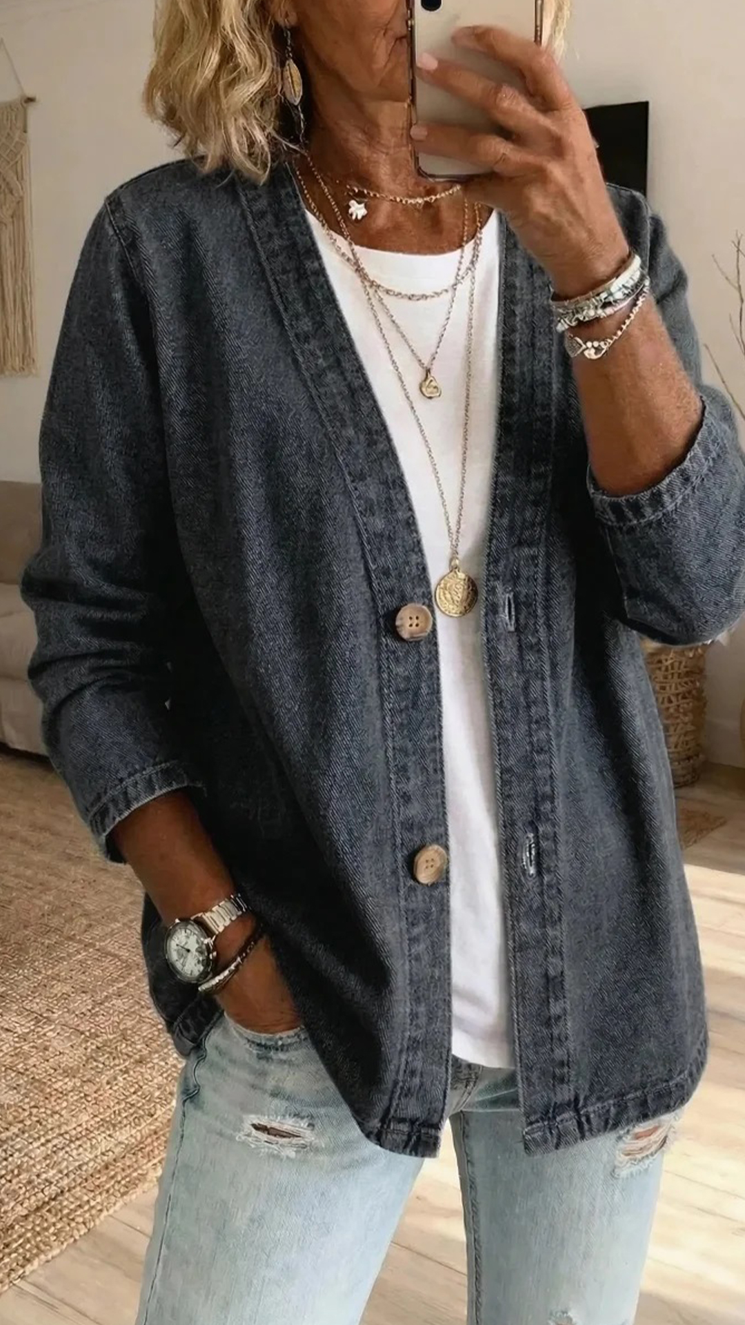 Women's Polyester Denim-Like V-Neck Cardigan