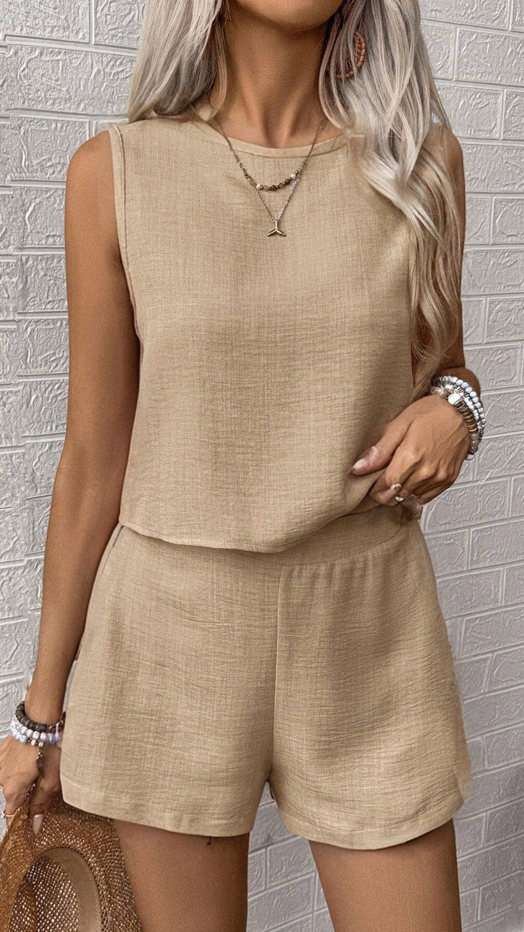 2025 Cross-Border Amazon European And American Solid Color Imitation Cotton And Linen Sleeveless Vest Shorts Casual Fashion Two-Piece Suit For Women