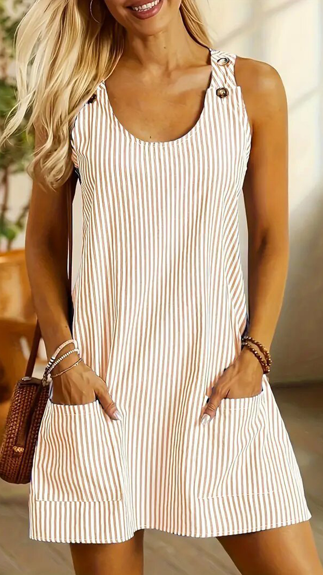 Women's Adjustable Strap Striped Loose Overall Mini Dress