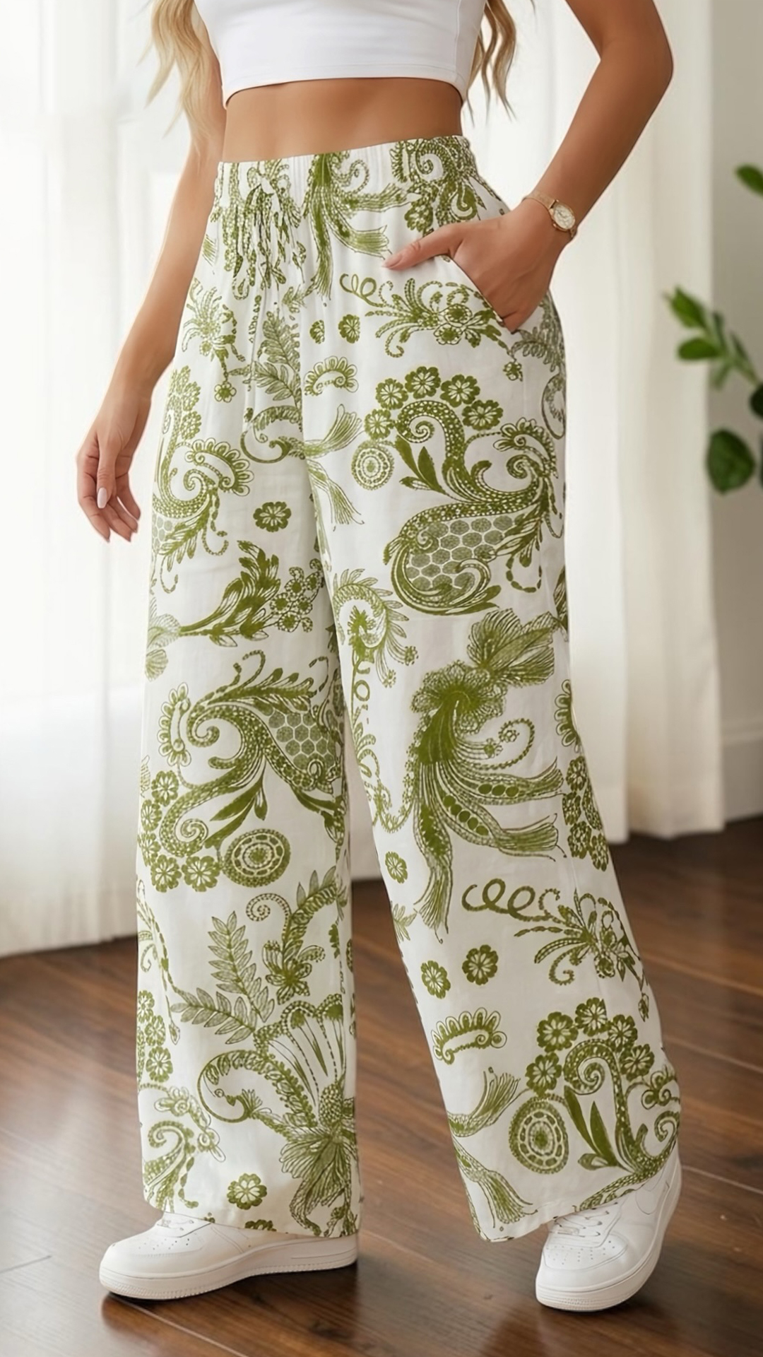 Women's  Elastic Waist Retro Print Loose Wide Leg Polyester Pants