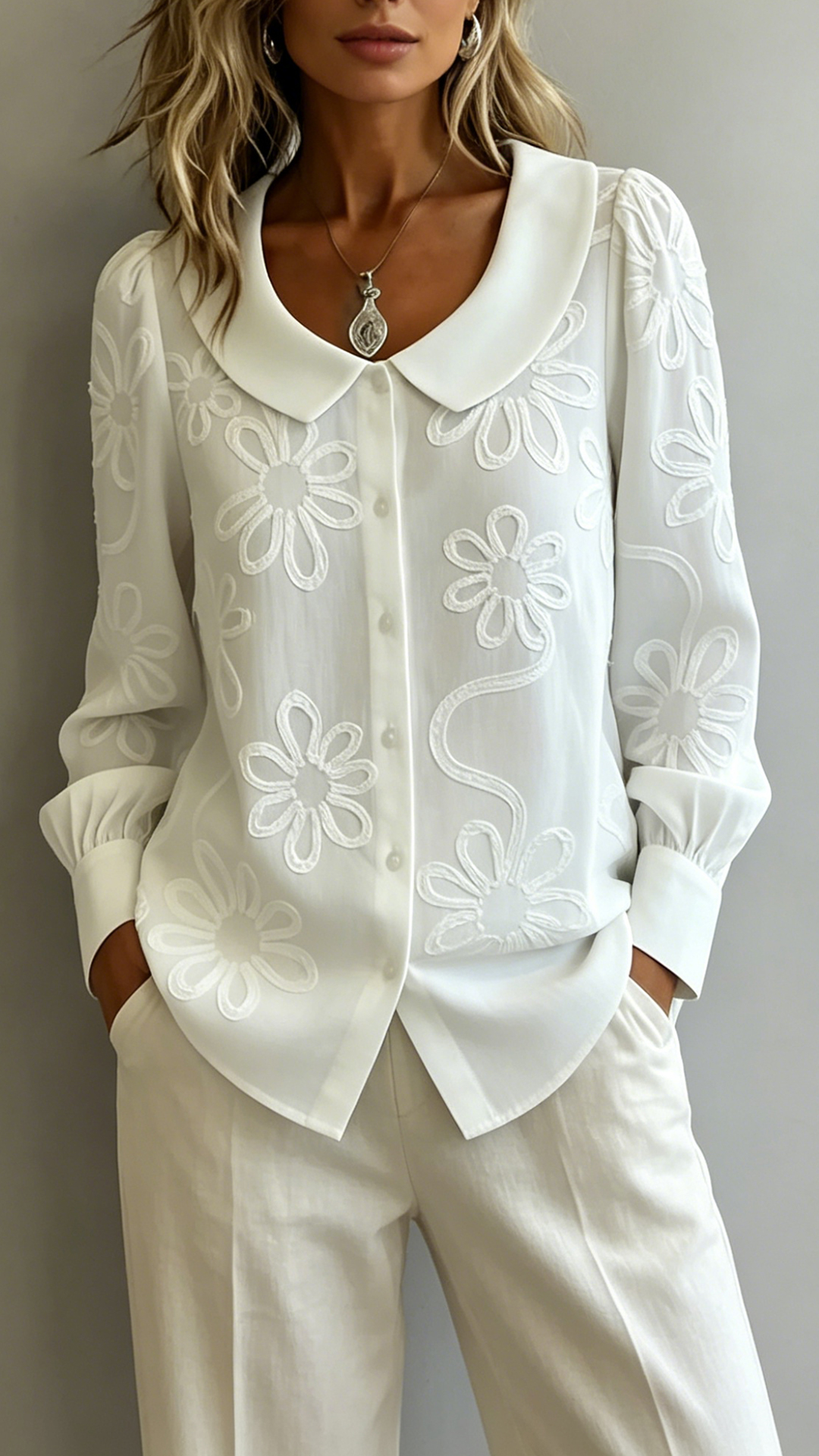 Women's Doll Collar Printed Polyester Blouse