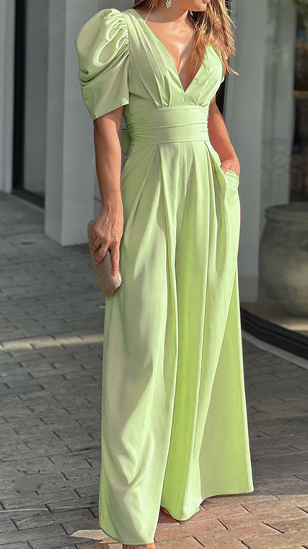 Women's V-Neck Puff Sleeve Jumpsuit