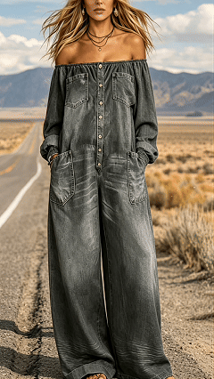 Women's Single-Breasted, Off-Shoulder, Washed Faux-Denim Jumpsuit