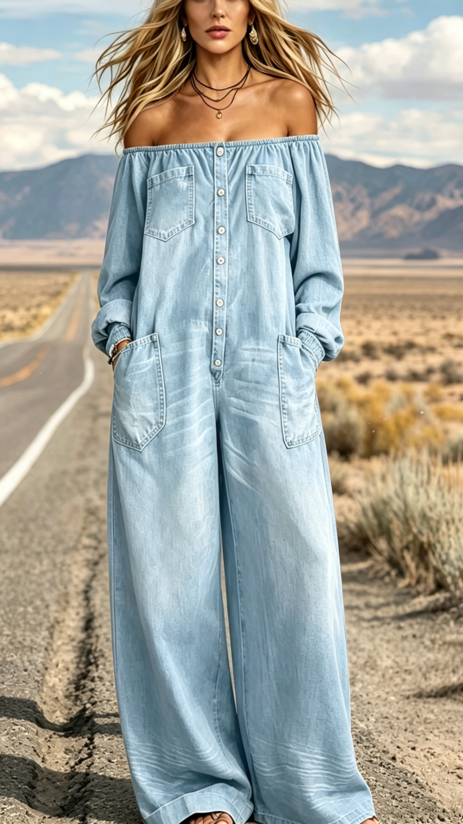 Women's Single-Breasted, Off-Shoulder, Washed Faux-Denim Jumpsuit
