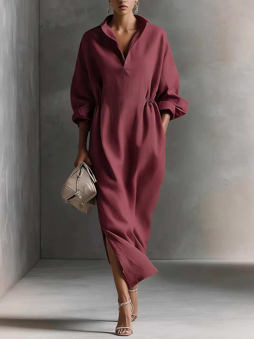 Women's Solid Color Lapel Long-sleeved Casual Loose Cotton Dress
