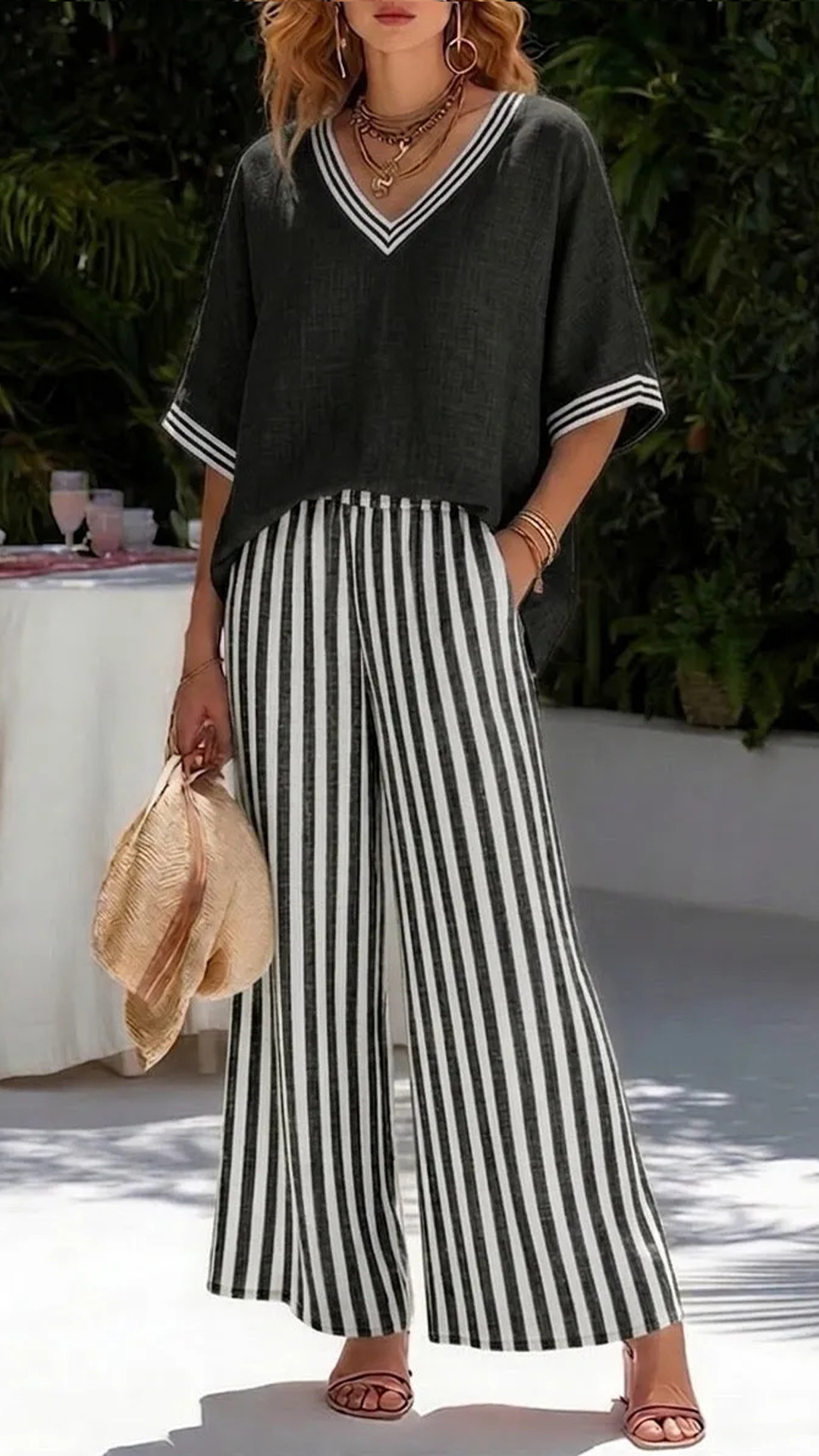 [Copy]Minimalist V-neck Shirt And Wide-leg Pants Two-piece Set