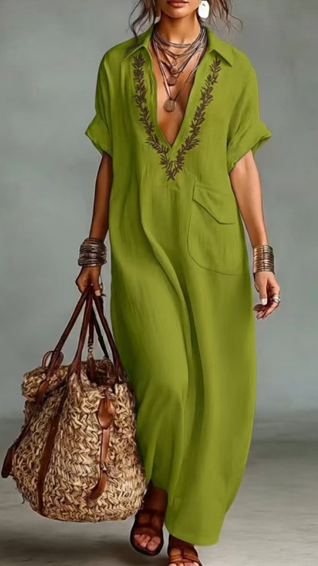 Embroidered V-Neck Loose Cotton Linen Shirt Maxi Dress