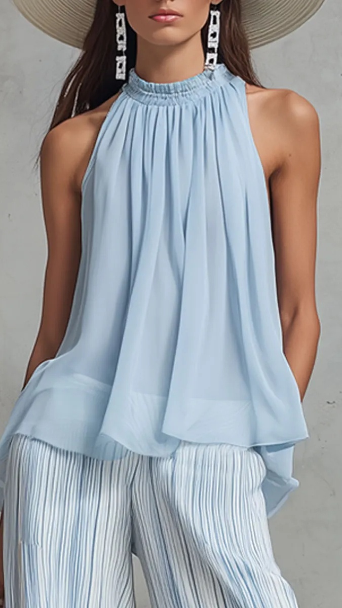 Women's Vacation-Style Outfit: Light Blue Chiffon Sleeveless Top & Striped Wide-Leg Pants Set