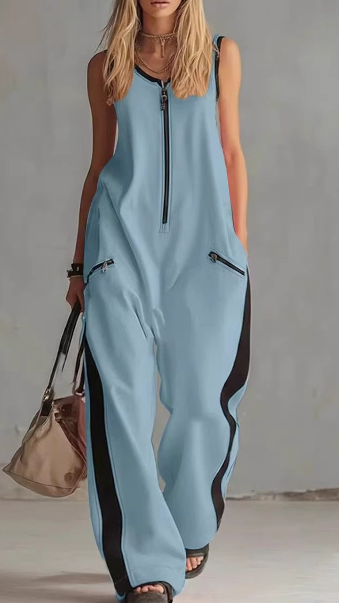 2026 Cross-Border European And American Summer New Amazon Independent Station Foreign Trade Zipper Round Neck Sleeveless Casual Cotton Wide Leg