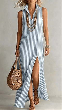 Women's Striped Sleeveless Shirt Collar Dress