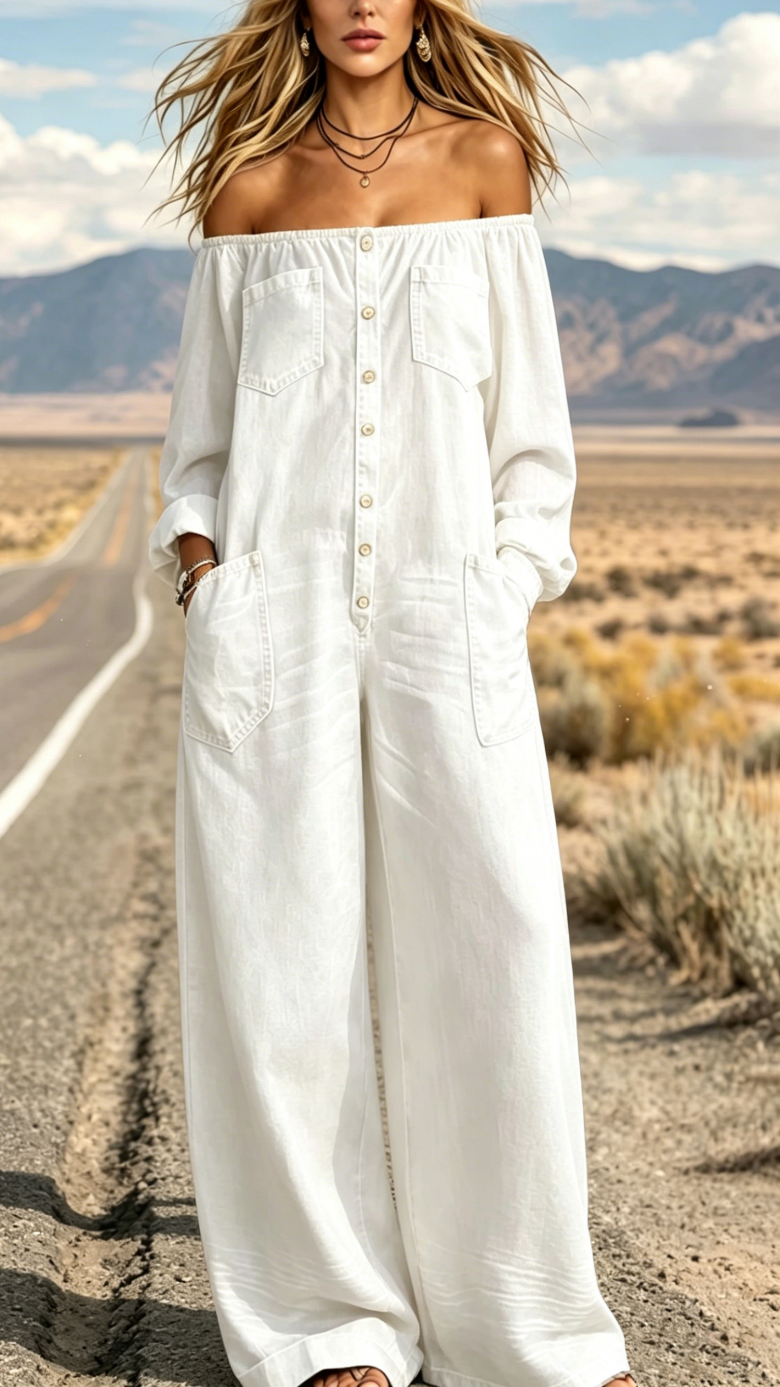 Women's Single-Breasted, Off-Shoulder, Washed Faux-Denim Jumpsuit