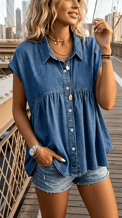 Women's Stylish, Comfortable, and Casual Faux-Denim Top for Commuting