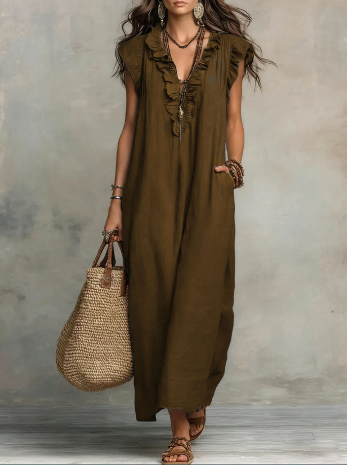 [Copy]"Effortless Chic" Style V-Neck Button-Front Cotton-Linen Maxi Dress — Sleeveless Tank Dress