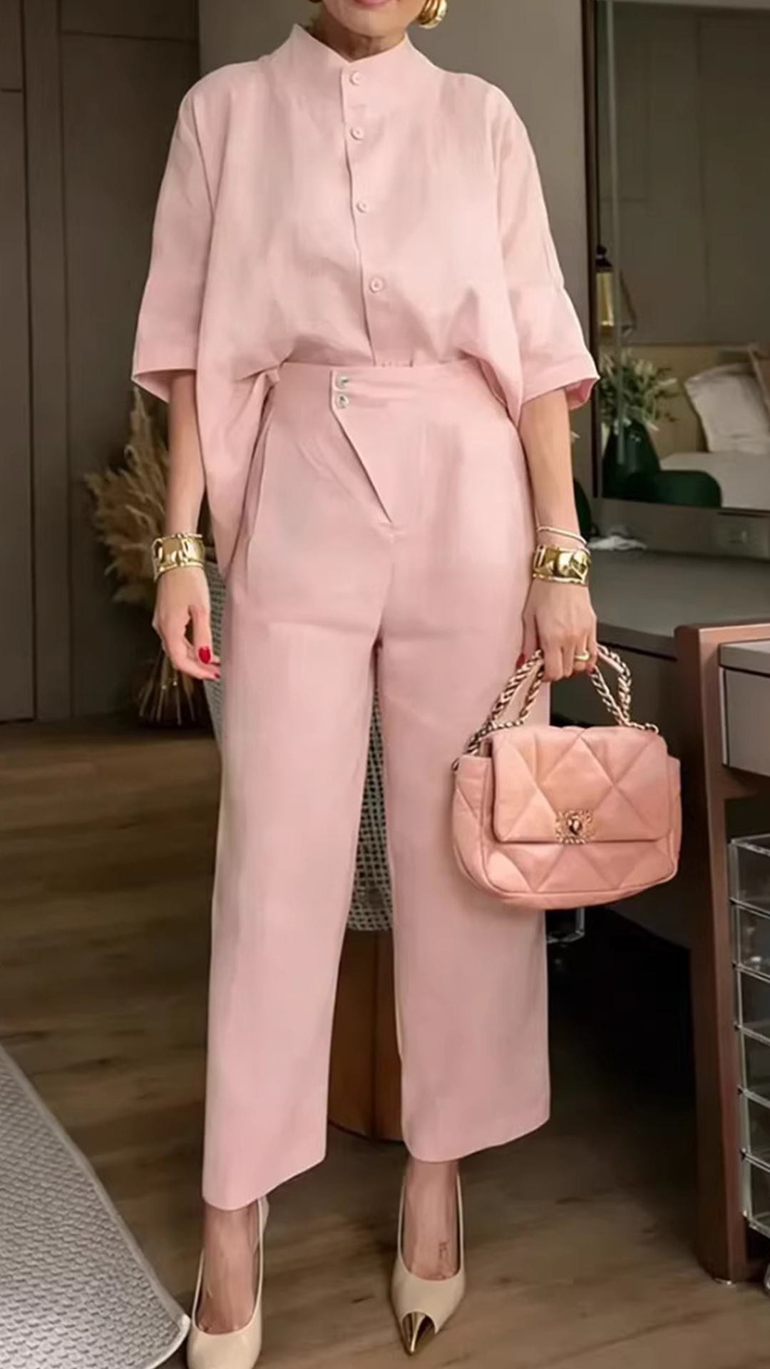 [Pre-sale] Women's Stand Collar Batwing Sleeve Linen Shirt + Wide-Leg Pants Set