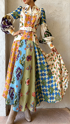 Women's Retro Art Print Shirt Dress