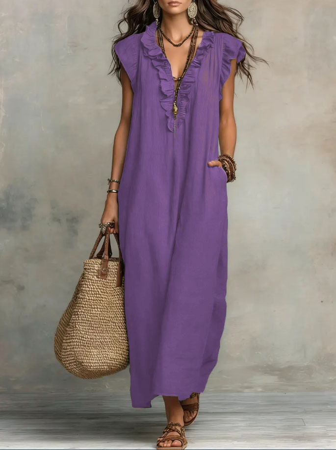 [Copy]"Effortless Chic" Style V-Neck Button-Front Cotton-Linen Maxi Dress — Sleeveless Tank Dress