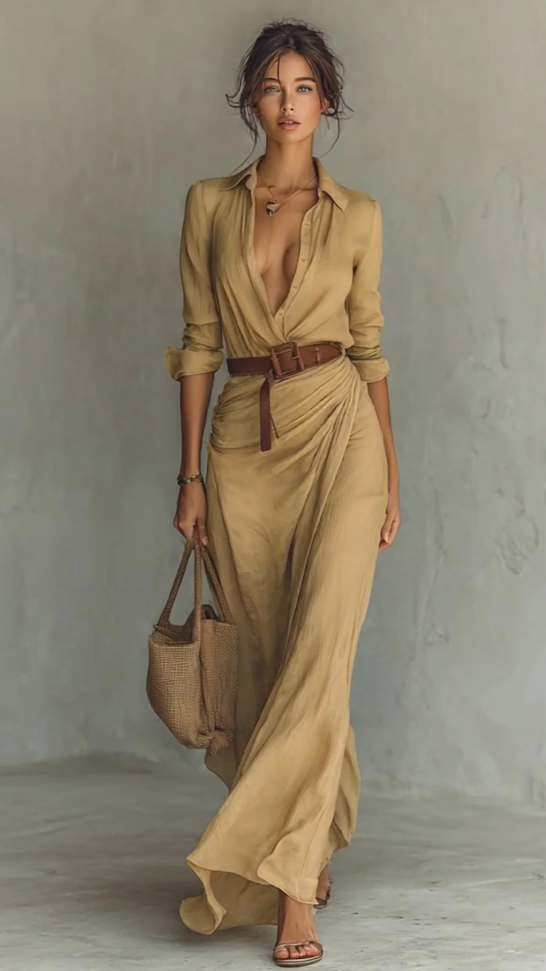 Ladies Lapel Single Breasted Long Sleeve Belted Maxi Dress MDA1500G4Y